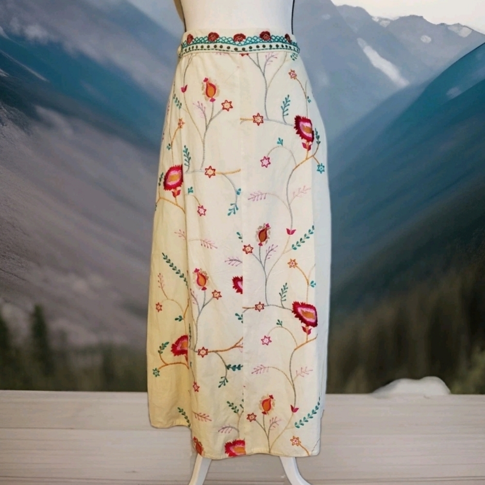 GREATER GOOD Vintage Embroidered Muslin Lined Midi Skirt L